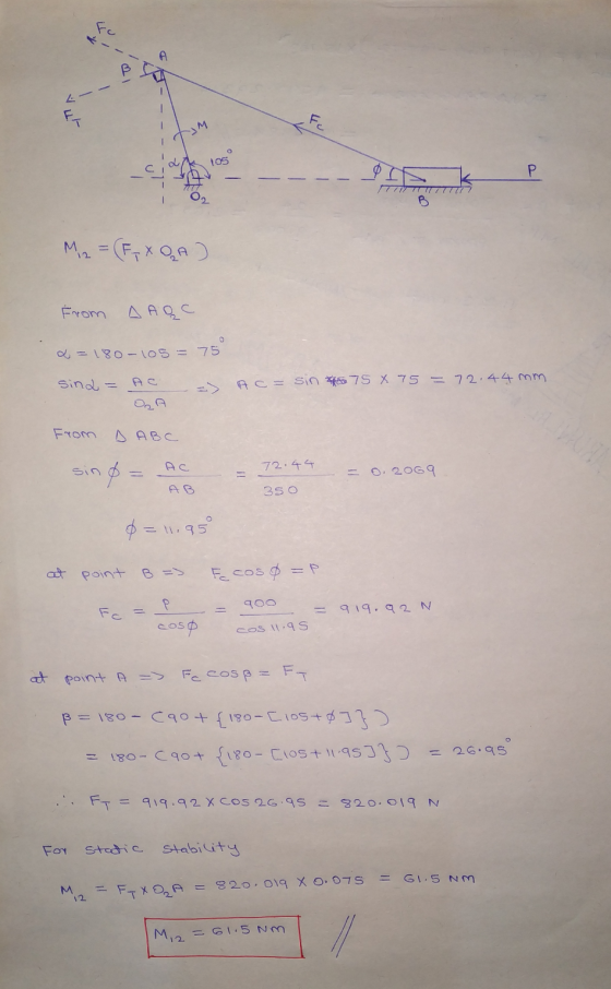 7 SM O 105 Р Mi₂ = (FXQA) From A ARC =180-105 = 75° sind= AC A c = sin x 75 x 75 = 72.44 mm From D ABC AC 72.44 sino= 0. 2069