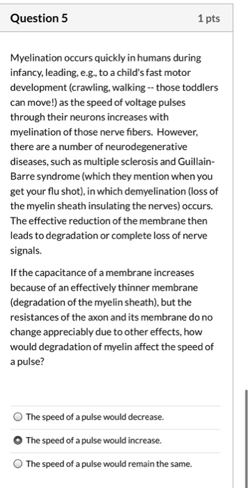 Question 5 1 pts Myelination occurs quickly in humans during infancy, leading, e.g., to a childs fast motor development (cra