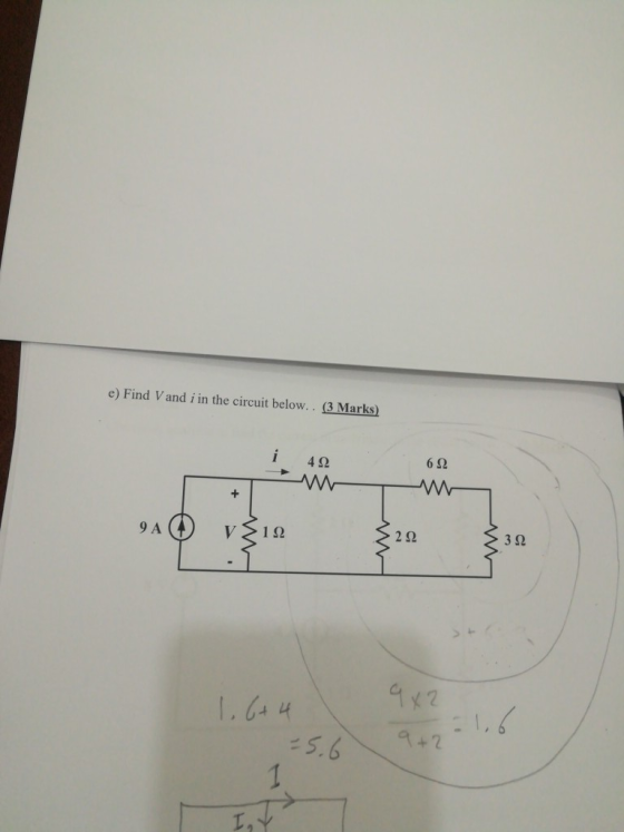 e) Find Vand i in the circuit below.. (3 Marks) 692 40 W 320 {30 9x2 1 6+4 itb SA