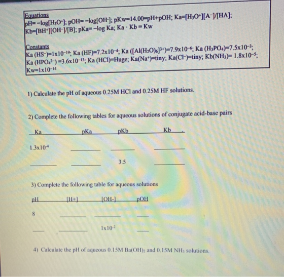 Equations pH=-log[H3O+]; pOH= -log[OH]; pKw=14.00=pH+POH; Ka-[H3O+][A-[HA]; Kb=[BH+][OH-)[B); pKa=-log Ka; Ka. Kb=Kw Constant