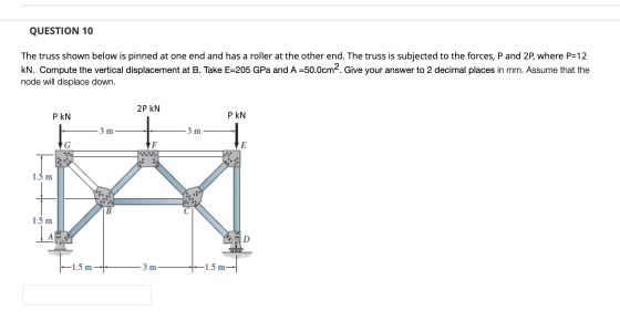 QUESTION 10 The truss shown below is pinned at one end and has a roller at the other end. The truss is subjected to the force