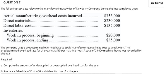 QUESTION 7 25 points The following cost data relate to the manufacturing activities of Newberry Company during the just compl