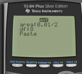 TI-84 Plus Silver Edition 9 TEXAS INSTRUMENTS nyT area 0.01 2 Paste STAT PLOTF1 TBLSETF2 FORMATF3 CALC F4 TABLE F5