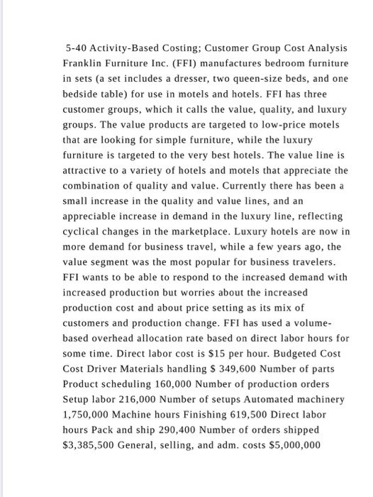 5-40 Activity-Based Costing; Customer Group Cost Analysis Franklin Furniture Inc. (FFI) manufactures bedroom furniture in set