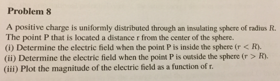 Problem 8 A positive charge is uniformly distributed through an insulating sphere of radius R. The point P that is located a distance r from the center of the sphere. (i) Determine the electric field when the point P is inside the sphere (r < R). (ii) Determine the electric field when the point P is outside the sphere (r > R). (iii) Plot the magnitude of the electric field as a function of r.