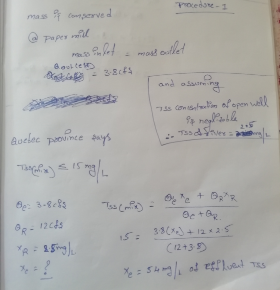 procedure - I mass es conserved mill paper mass outlet mass Qout cela = 3.8cf$ a and assuming Iss concentration of open well