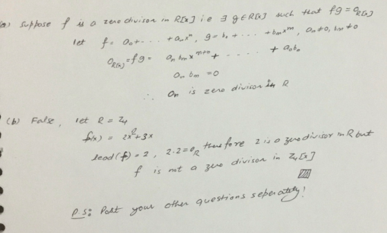 a suppose f is a zero divison in R[x] ie 3gERG let f. Oot... + Auth, g-bot... Ray = fg. An bon xntot – – .. such that fg =ORG