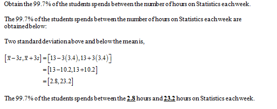 Obtain the 99.7% of the students spends between the number of hours on Statistics eachweek. The 99.7% of the students spends