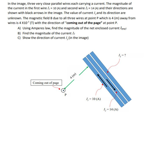 In the image, three very close parallel wires each carrying a current. The magnitude of the current in the first wire 11 = 10