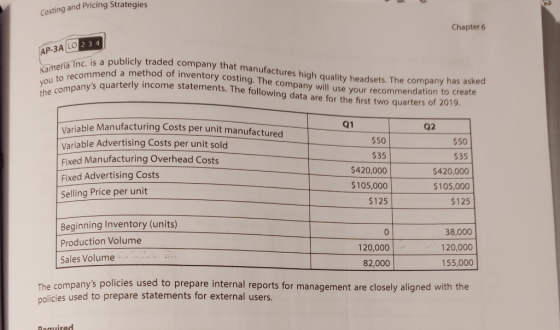 Costing and Pricing Strategies Chapter 6 AP-3A LO 2 3 4 Kameria Inc. is a public you to recommend a met the companys quarter