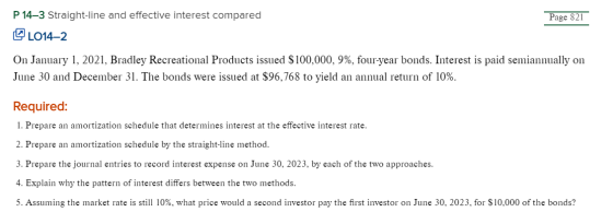 P 14-3 Straight-line and effective interest compared Page 821 QL014–2 On January 1, 2021, Bradley Recreational Products issue