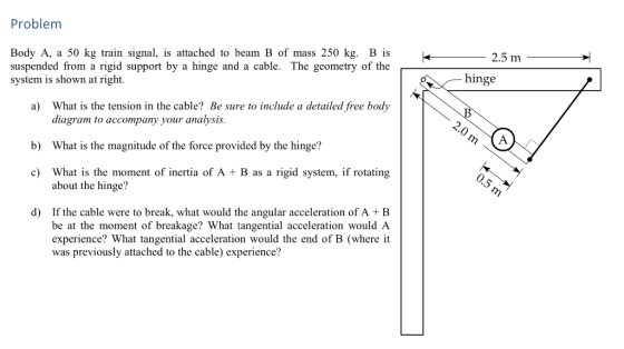 Problem k - 2.5 m - Body A, a 50 kg train signal, is attached to beam B of mass 250 kg. Bis suspended from a rigid support by