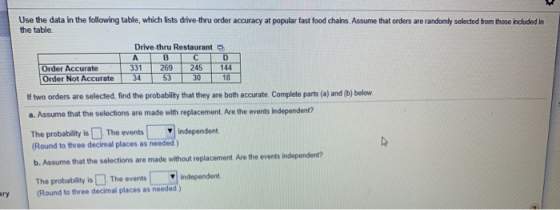 Use the data in the following table, which lists drive thru order accuracy at popular fast food chains. Assume that orders ar