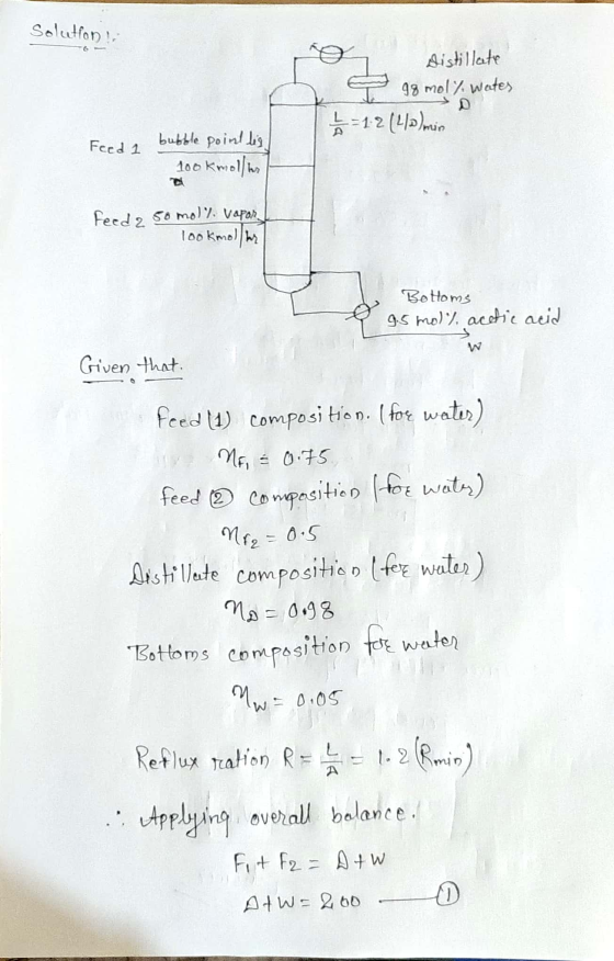 Solution! distillate 98 mol % wates =1:2 (412) mein Feeds bubble point lig 100 kmoller Feed 2 50 mol% vapor lookmolar Bottoms
