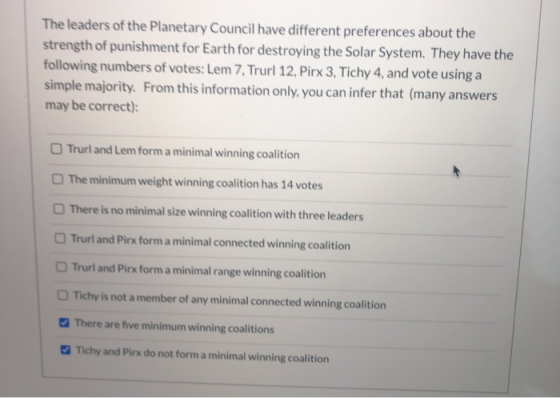 The leaders of the Planetary Council have different preferences about the strength of punishment for Earth for destroying the
