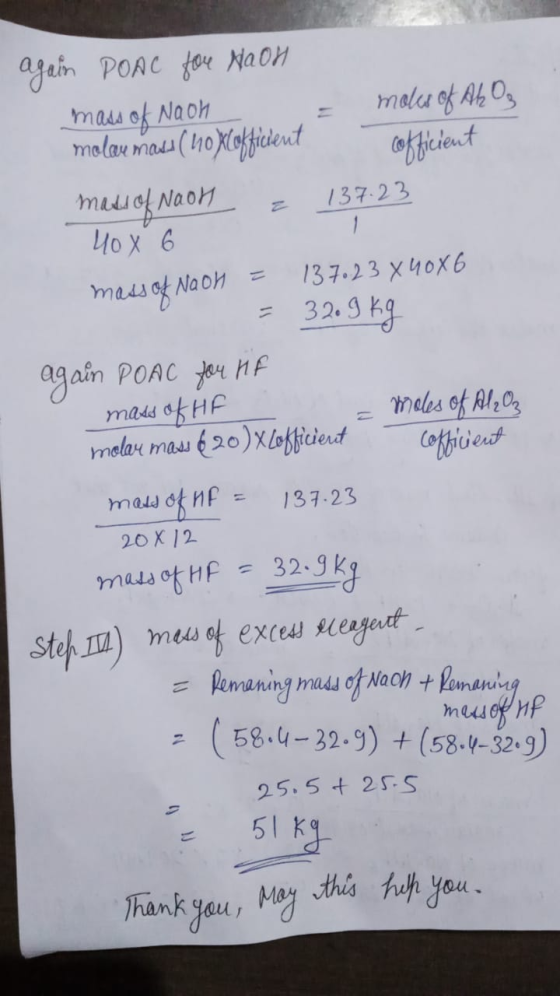 again POAC for Naon mass of Naoh = moles of AhO₂ molar mass (nox officient officient mass of Naon z 137.23 40 x 6 mass of Nao