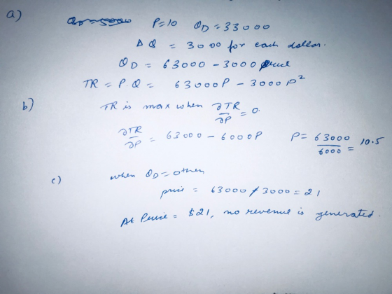 aongooo P=10 Op. 33000 Da = 3000 for each dollar. OD=63000 - 3000 price TR = P. 0= 63ooop - 30000² TR is max when ITR o. DTR
