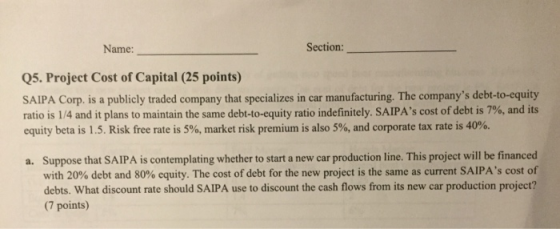 Section: Name: Q5. Project Cost of Capital (25 points) SAIPA Corp. is a publicly traded company that specializes in car manuf