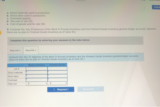Check a. Direct materials used in production b. Direct labor used in production c. Overhead applied. d. The sale of Job 120.