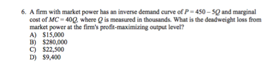 A firm with market power has an inverse demand cur