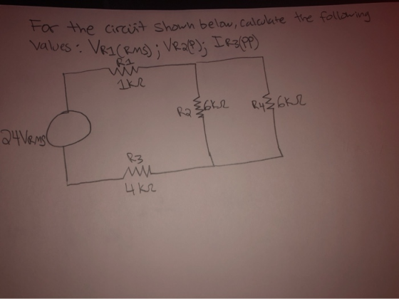 For the circuit shown below, calculate the following values · VRICRms); Veale); Irs(PP) 36 R486kr 24Voms w 4k2