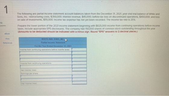 1 10 points The following are partial Income statement account balances taken from the December 31, 2021. year-end trial bala