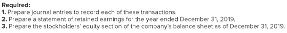 Required: 1. Prepare journal entries to record each of these transactions. 2. Prepare a statement of retained earnings for th