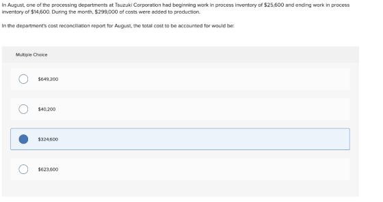 In August, one of the processing departments at Tsuzuki Corporation had beginning work in process inventory of $25,600 and en
