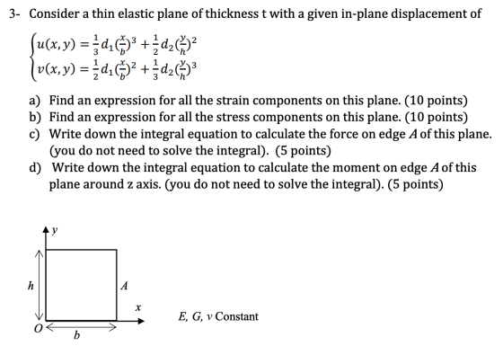 3- Consider a thin elastic plane of thickness t with a given in-plane displacement of (u(x, y) =şd,67)+ d2m2 |u(x,y) = d763)2