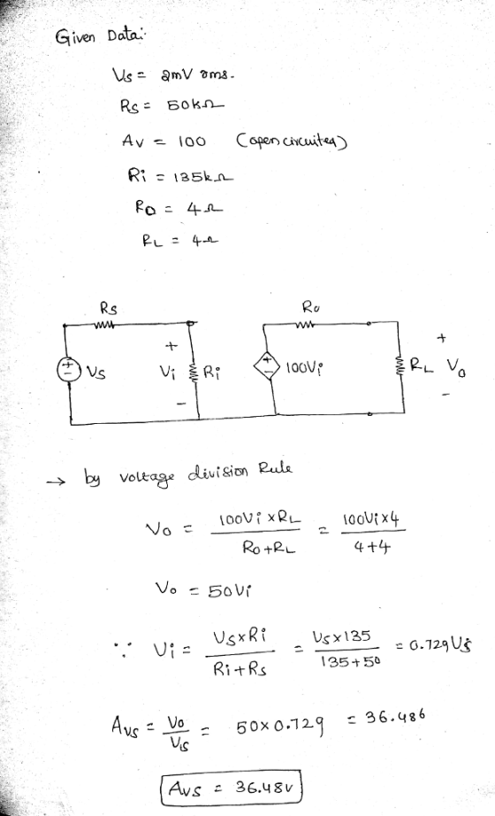 Given Data RS Ro -byvoleag divt sion Rle Ro +RL o.129 Us 135ナ59 Ri Rs 몫: 50x О.129 : 36.486 Avs 36.48