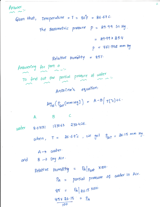 Anboer Given that, Temperature - F86-6 The Barometvic prure Pin Hg Relative Humaity 851. nbuoertng for Parto To find out the portial premure of vaater Antoines eaton A B uater 8 01 1730-63 233-426. A-water and B Dry Air Relative Humdttu R |Pat χιοο. Pa partial fer in Ar Ibo