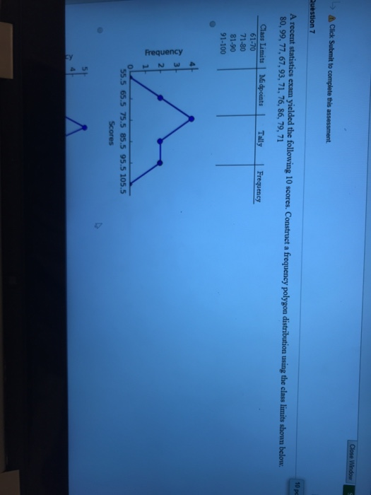 10 p polygon distribution using the class limits shown below. A recent statistics exam yielded the following 10 scores, Construct a frequency 80, 99, 77, 67, 93,71,76, 86, 79,71 ClassLimits_dpotts↓ Tally -requency 71-80 81-90 91-100 55.5 65.5 75.5 85.5 95.5 105.5 Scores