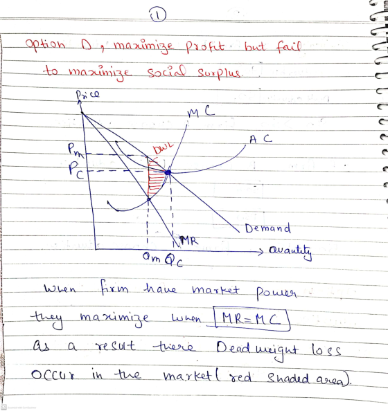 option D, maximize profit but fail to maximize Social Surplus. Price MC A C bur Pm! Pch Demand MR am Qc → Quantity When firm