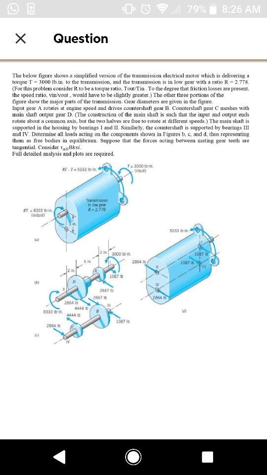 ? 0 0? 79%, 8:26 AM XQuestion The below figure shows a simplified version of the transmission electrical motor which is delivering a torque T-3000 lb.in to the transmission, and the transmission is in low gear with a ratio R- 2.778 (For this problem consider R to be a torque ratio. Tout/Tin. To the degree that friction losses are present, the speed ratio, vin/vout, would have to be slightly greater.) The other three portions of the figure show the major parts of the transmission. Gear diameters are given in the figure Input gear A rotates at engine speed and drives countershaft gear B. Countershaft gear C meshes with main shaft output gear D. (The construction of the main shaft is such that the input and output ends rotate about a common axis, but the two halves are free to rotate at different speeds.) The main shaft is supported in the housing by bearings I and II. Similarly, the countershaft is supported by bearings III and IV. Determine all loads acting on the components shown in Figures b, c, and d, thus representing them as free bodies in equilibri Suppose that the forces acting between mating gear teeth are tangential. Consider ??!,8ksi Full detailed analysis and plots are required T 3000 Ib-in. input RT-T:5333 1-in in low pe R 2.778 RT 8333 bin output 5333 Ih in 2 in 3000 ib-in. 5 in 2854 Ib 1087 ib 1087 b 2667 D 2667 D 2864 1 333 4444 a) 1087 b 2864 b e)