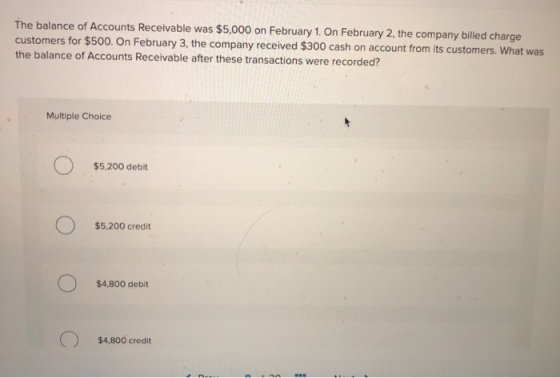 The balance of Accounts Receivable was $5,000 on February 1. On February 2, the company billed charge customers for $500. On