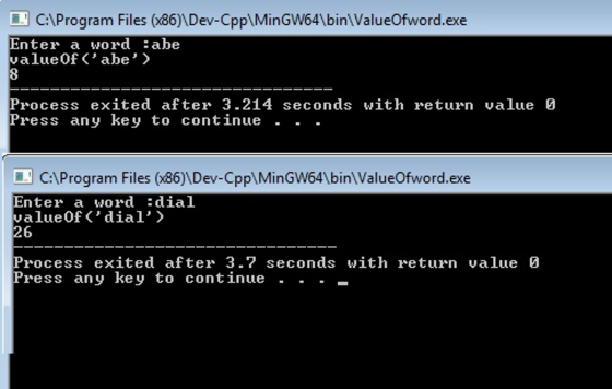 CProgram Files 86)\Dev-Cpp MinGW64\bin\ValueOfword.exe Enter a word abe valueOf <abe> 8 Process exited af ter 3.214 Seconds