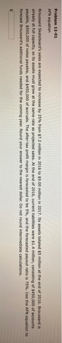 Problem 12-01 AFN equation Broussard Skateboards sales are expected to increase by 25% from $7.2 million in 2016 to $9.00 mi