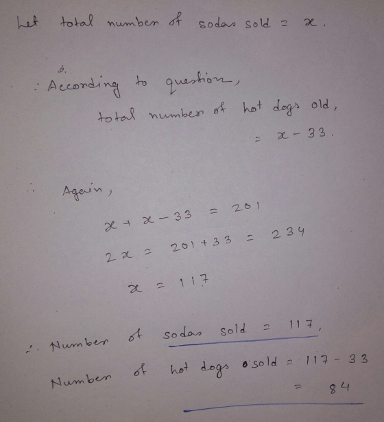 total number of sodas sold = x, According to question, total number of hot dogs old, x - 33. 13 Again, D. 201 x + x - 33. 2 3