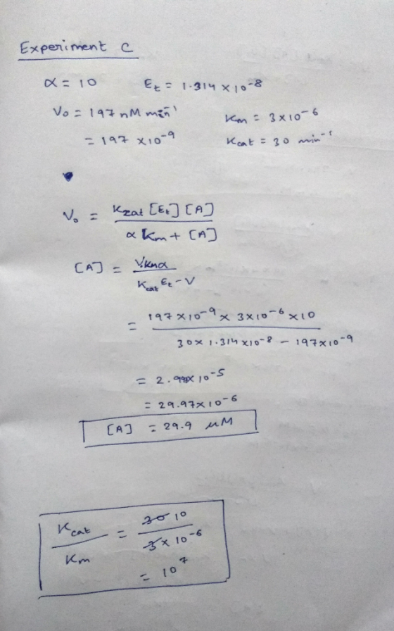 Experiment c Et 1-31 x 10- Vo 14 nM m Km 3 x1o-6 197 x1o- KCat 20 m Kzat CECAJ ox Kmt CA Vkno CAJ= 197x10 3x10-6 x10 30x 1-31