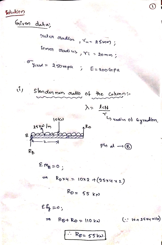 o solution Given data, outer radius ru= 25mm ; inner radius ri - 20 mm; > Yield = 250mpa ; E=200Gpa co Slender mens ratio of