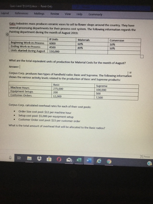 Quiz 4 and 113410].docx - Read-Only ayout References Mailings Review View Help Grammarly Gato Industries mass produces cerami