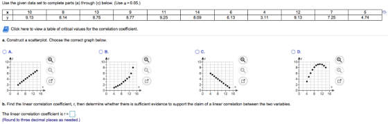 Use the given data set to complete parts (a) through (c) below. (Use a-0.05.) 10 9.13 13 8.75 12 9.13 3.11 4.74 8.14 8.77 9.2