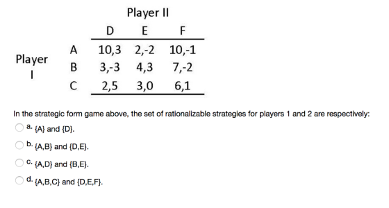 Player II A 10,3 2,-2 10,-1 B3,-3 4,37,-2 С 2,5 3,0 6,1 Player In the strategic form game above, the set of rationalizable strategies for players 1 and 2 are respectively: a. (A) and (D). b. (A,B) and (D.E. c- A.D and (B,E d. (AB.C) and (D.E.F.