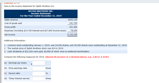 Exercise 13-11 Here is the income statement for Splish Brothers Inc. SPLISH BROTHERS INC. Income Statement For the Year Ended