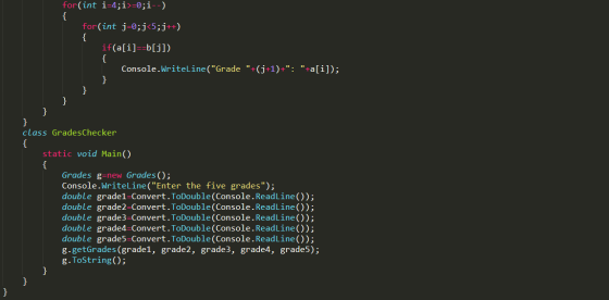 for(int i=4;i>=0; i--) { for(int j =0; j<5; j++) { if(a[i]==b[j]) { Console.WriteLine(Grade +(j+1)+: +a[i]); } } } class