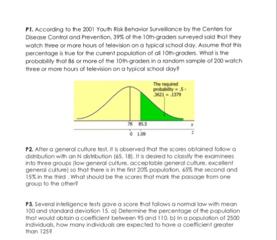 P1. According to the 2001 Youth Risk Behavior Surveillance by the Centers for Disease Control and Prevention, 39% of the 10th-graders surveyed said that they watch three or more hours of television on a typical school day. Assume that this percentage is true for the current population of all 10th-graders. What is the probability that 86 or more of the 10th-graders in a random sample of 200 watch three or more hours of television on a typical school day? The required probability .5 . 3621 .1379 78 85.5 0 1.09 P2. After a general culture test, it is observed that the scores obtained follow a distribution with an N distribution (65, 18). It is desired to classify the examinees into three groups (low general culture, acceptable general culture, excellent general culture) so that there is in the first 20% population, 65% the second and 15% in the third. what should be the scores that mark the passage from one group to the other? P3. Several intelligence tests gave a score that follows a normal law with mean 100 and standard deviation 15. a) Determine the percentage of the population that would obtain a coefficient between 95 and 110. b) In a population of 2500 individuals, how many individuals are expected to have a coefficient greater than 125