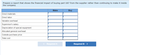 Prepare a report that shows the financial impact of buying part 067 from the supplier rather than continuing to make it insid