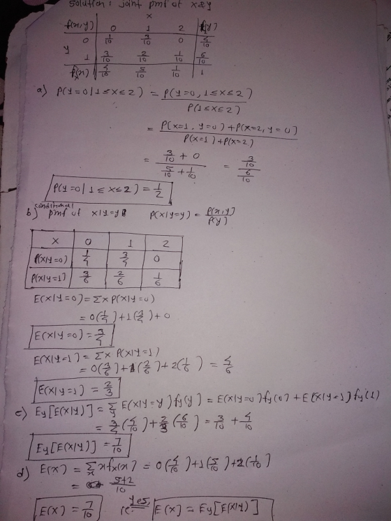 solution joint pmf ot xay х flany) 2 o y 3 에의네으 13 To 1 a) P(=0/1<x<2) = P(4-0,15x52) PC] SX52) P(x=1, y =u) + P(X=2, Y = 0)