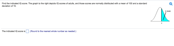 Find the indicated IQ score. The graph to the right depicts IQ scores of adults, and those scores are normally distributed with a mean of 100 and a standard deviation of 15 0.3446 The indicated 1Q score is (Round to the nearest whole number as needed.)