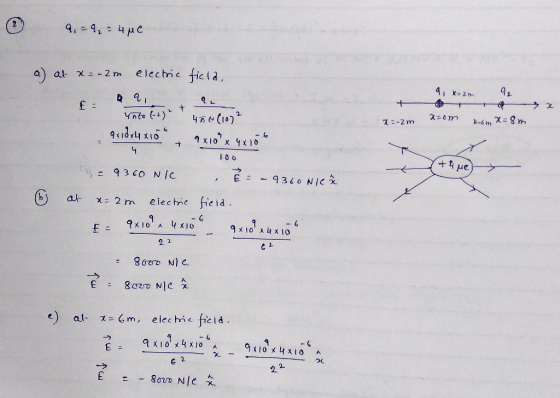 2 = 2 = 4Me a) at x = -2m electric field, 9 x=2m 2 Qq fa into (-2) 40 (10) 2=- 2m xom nom x=8m 9x 18 x4 x10 + 9×10 x 4 x 106
